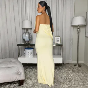 Elegant yellow strapless draped mermaid long dress for women, sexy bodycon evening party gown.
