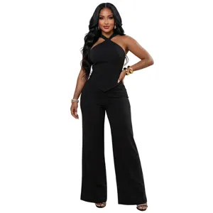 Black halter top and wide leg pants set detail view, stylish casual women clothing piece.