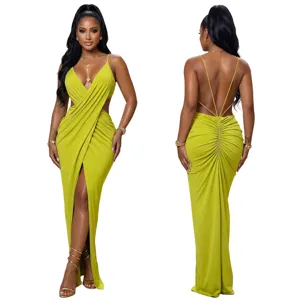 Sleeveless V-neck crossover cutout high-slit evening dress, elegant party bodycon maxi gown.