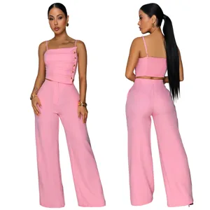 Pink two-piece set women summer solid color pleated camisole top and wide leg long pants