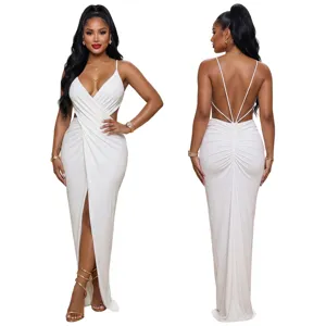 White spaghetti strap v-neck cut out slit long evening party dress detail view.