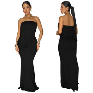 Details of the elegant black strapless fishtail maxi dress, showcasing its draping design.