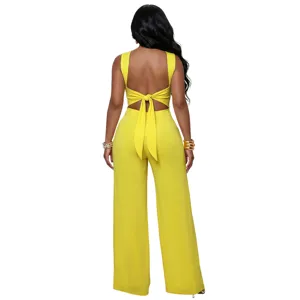 Stylish yellow two-piece set featuring a backless knot top and elegant wide-leg trousers.
