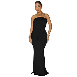 Close-up view of the black strapless draped fishtail long dress showing elegant pleated bust.