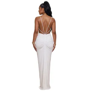 Elegant white backless evening dress with thin straps and crisscross design for women.