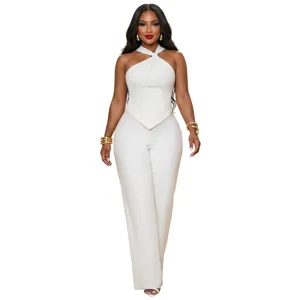 Elegant white halter twist top and wide-leg trousers two-piece set for women daily commute.