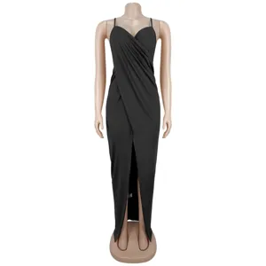 Black V-neck crossover split long dress detail showcasing the elegant spaghetti strap design.