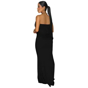 Black strapless mermaid evening dress detail showing fitted silhouette and elegant drape.