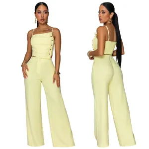 Women solid color asymmetrical camisole top and high waist wide leg pants two piece set