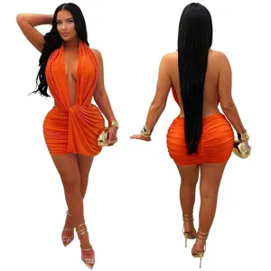 Sexy deep V halter backless ruched mini dress detail, party clubwear bodycon outfit for women.