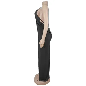 Black spaghetti strap evening dress featuring side cutout and high slit for party wear.