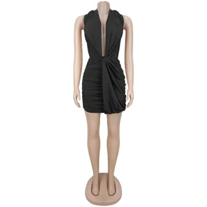 Detailed view of the black deep V-neck halter bodycon mini dress, sexy clubwear style.