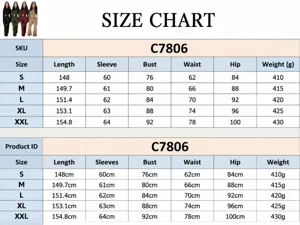 Size chart for women's long-sleeve ribbed jumpsuit, providing detailed measurements for S to XXL.