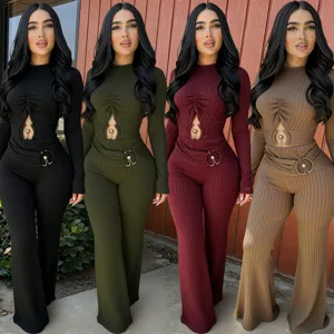 Women's Ribbed Knit Long Sleeve Jumpsuit Sexy Hollow Out High Waisted Flared Wide Leg One Piece Romper Casual Commuting