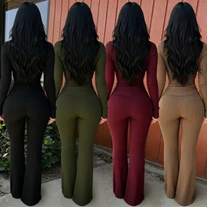 Detail view showcasing the ribbed long-sleeve high-waist flared pants in multiple colors.