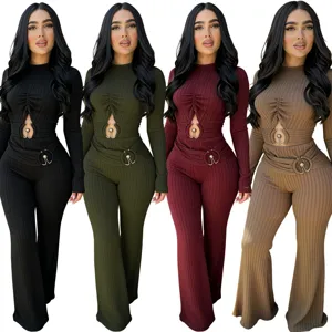 Ribbed cutout long sleeve flare jumpsuit, high waist casual slim fit women's apparel.