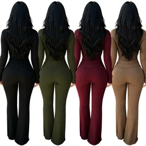 Women's ribbed long sleeve high waist flared jumpsuit casual slim fit one piece apparel