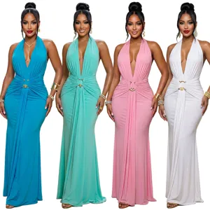Detail view of halter deep V-neck ruched mermaid evening party dress in four colors.