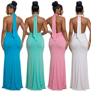 Backless halter neck ruched fishtail long evening dress for women party formal gowns