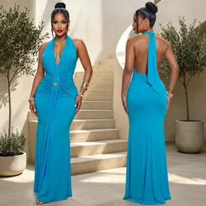 Elegance halter deep V ruched mermaid evening dress for party and banquet events.