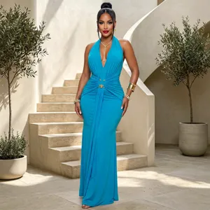 Elegant halter deep V-neck pleated fishtail evening dress for women party banquet