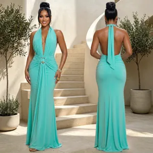 Stunning halter deep V-neck ruched mermaid evening dress, slim fit party gown detail view.