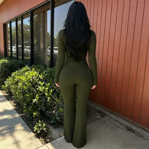 Green ribbed long sleeve high waist flare jumpsuit for women casual wear stylish outfit