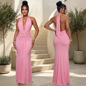 Detail view of the pink halter deep V-neck pleated fishtail evening party dress back and front.