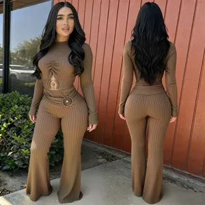 Stylish women ribbed cutout long sleeve crop top and high waist flared pants set brown