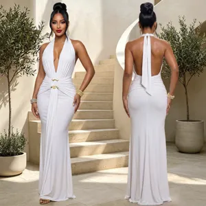 Detailed view of the elegant white halter deep V-neck pleated fishtail evening dress.