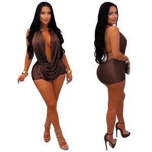 Detailed view of sexy halter deep V-neck backless brown romper showcasing waist design.