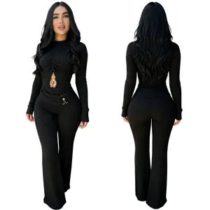 Women's Black Ribbed Cutout Long Sleeve High Waist Wide Leg Jumpsuit Casual Commuting