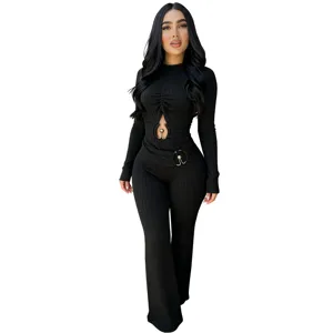 Black ribbed cutout long sleeve high waist flared jumpsuit for women, casual slim fit.