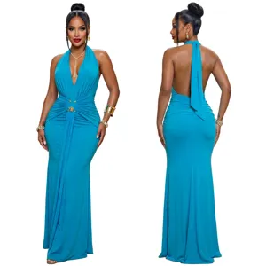 Turquoise halter deep-v ruched mermaid evening gown, elegant party dress for women.