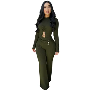 Women ribbed cut-out long sleeve high waist flare leg casual jumpsuit olive green