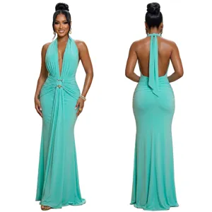 Elegant turquoise halter deep V-neck ruched mermaid evening gown for formal party events.