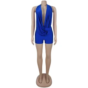 Sexy halter deep V-neck ruched waist blue shorts romper apparel detail display showcase.
