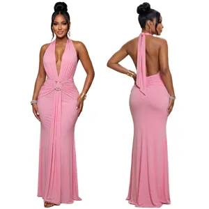 Women pink halter deep v ruched fishtail evening dress for party banquet elegant style