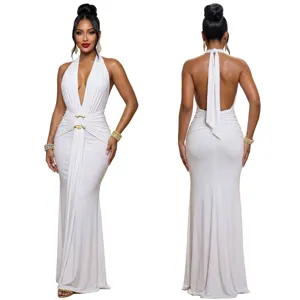 Elegant white halter deep v-neck pleated mermaid evening party dress backless detail view