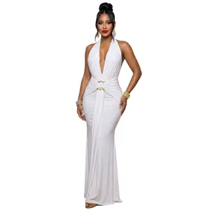 White halter deep V pleated mermaid evening dress, elegant party long dress for women.