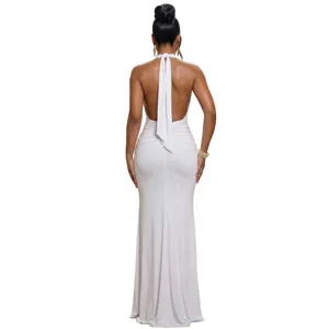 Elegant backless halter ruched fishtail evening party dress for women stunning slim fit gown.