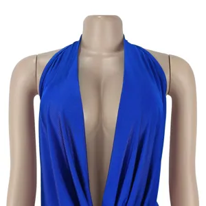 Sexy royal blue halter deep V neck sleeveless romper for women stylish party clubwear