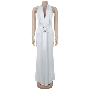 White halter deep V-neck ruched fishtail evening dress slim party maxi dress