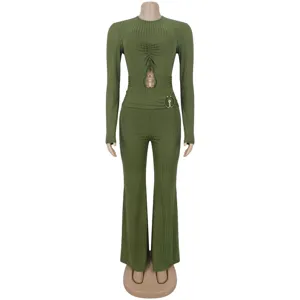 Detailed view of women ribbed cutout long sleeve high waist flare jumpsuit in olive green style.