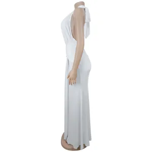 Detail view of the white halter deep-V pleated mermaid evening dress for parties.