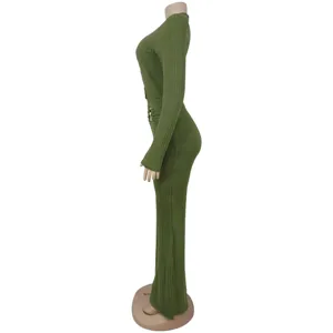 Detailed side view of elegant olive green ribbed long sleeve high waist flared jumpsuit.