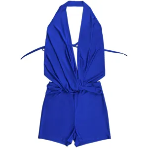 Blue halter neck deep V-neck waist cinching lace-up romper jumpsuit detail product view