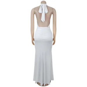 White halter deep V ruched fishtail evening dress back detail view for parties