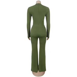 Back view detail of women's olive green ribbed long sleeve high waist flared jumpsuit.
