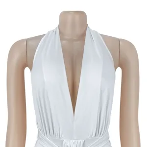 Women white halter deep V pleated evening dress slim party dress elegant banquet maxi dress